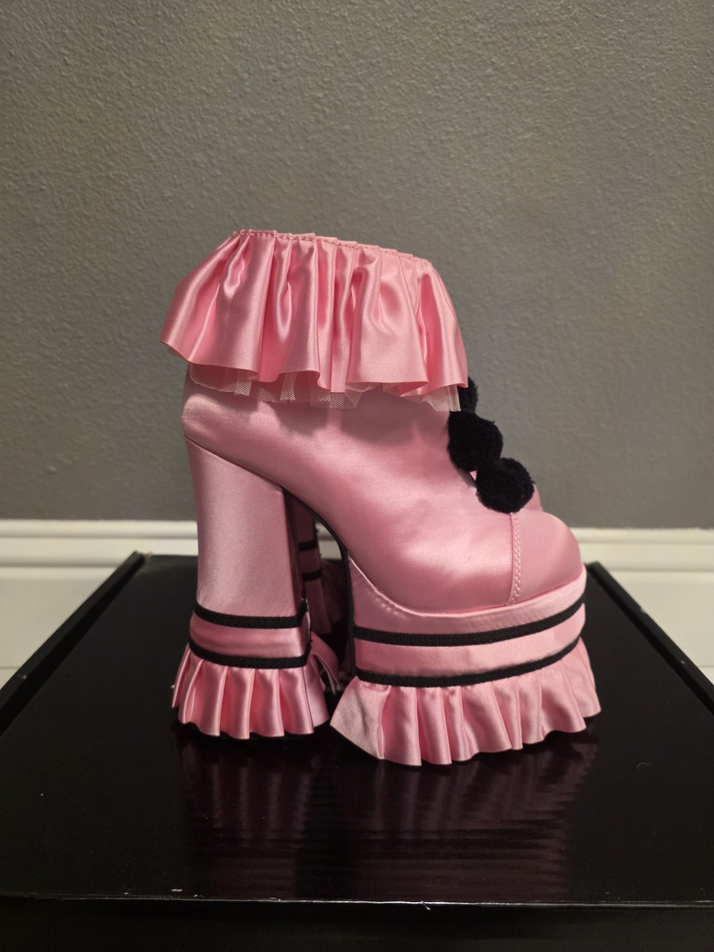 Dolls Mill Pink Ruffled Satin Platform Clown Heels